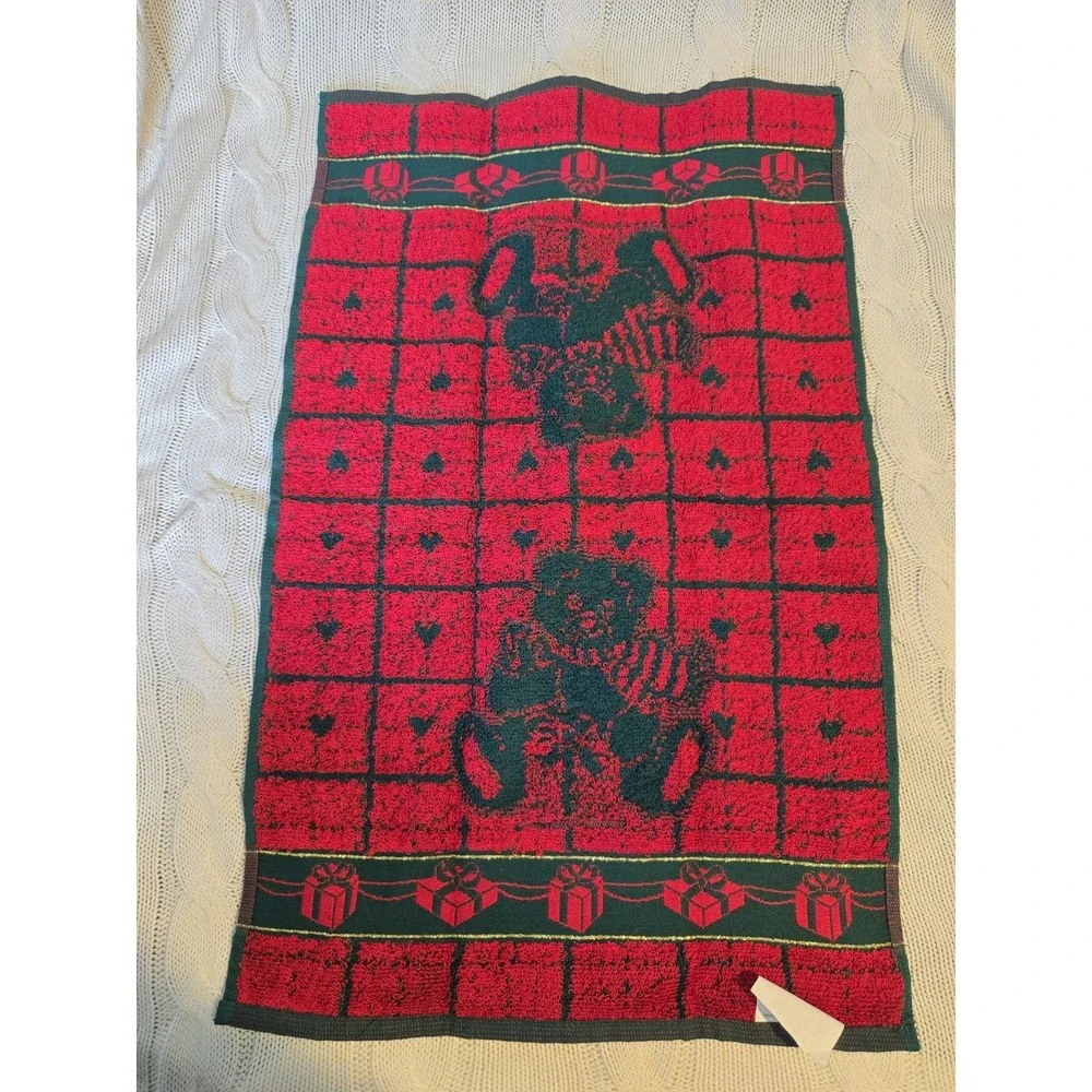 Vintage Christmas Teddy Bear Guest Towel & Hand Towel Set Red Green Cotton Decor